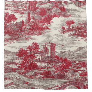 Red Toile Countryside Scene Shower Curtain