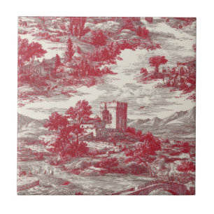 Red Toile Countryside Scene Tile