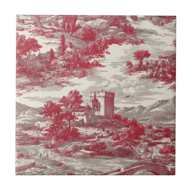 Red Toile Countryside Scene Tile (Front)