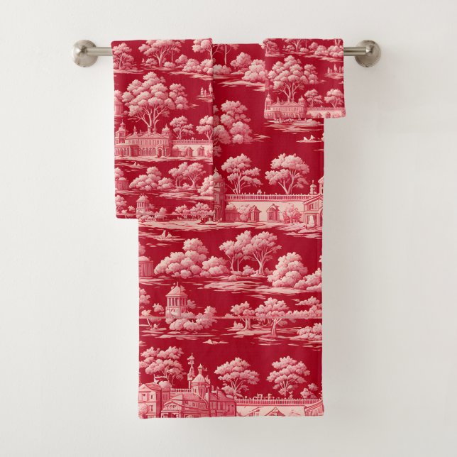 Red Toile de Jouy Bath Towel Set (Insitu)