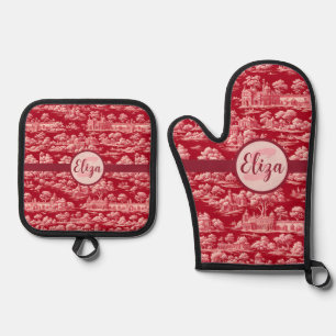 Red Toile de Jouy Oven Mitt & Pot Holder Set