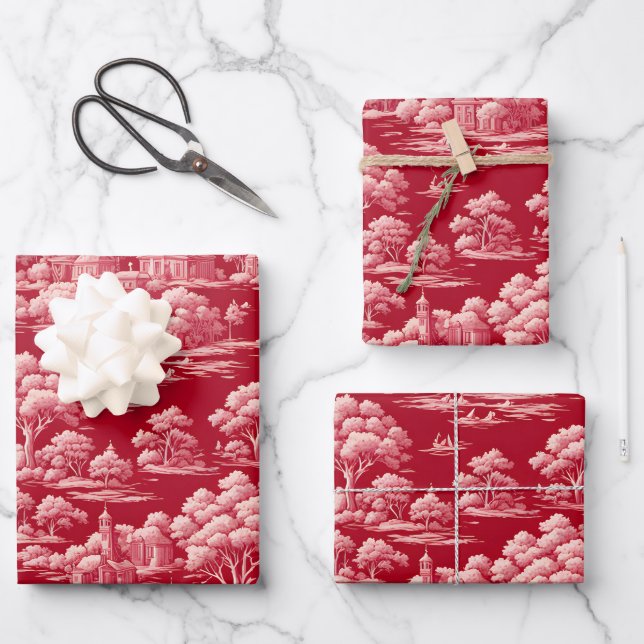 Red Toile de Jouy Wrapping Paper Sheet (Front)