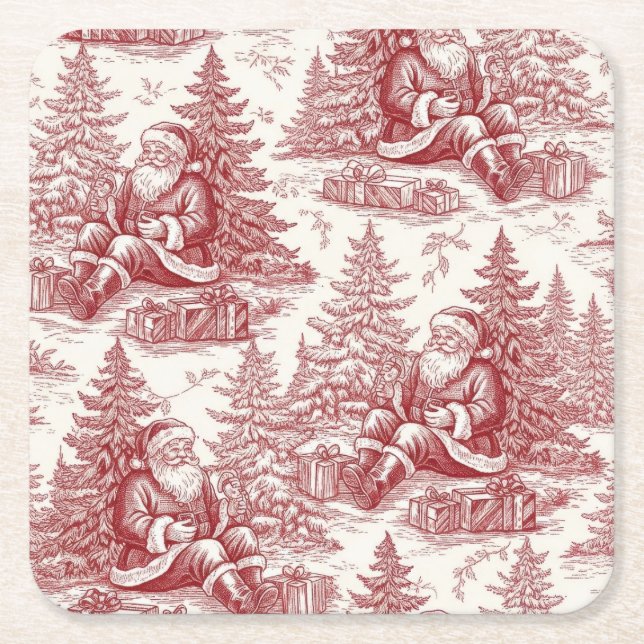 Red Toile Square Paper Coaster (Front)