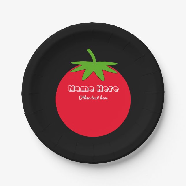 Red Tomato White Custom Text on Black, Food Themed Paper Plate (Front)