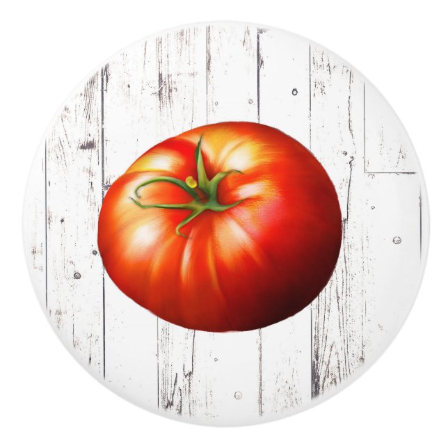 Red TOMATO White Wood Rustic Farmhouse Kitchen Ceramic Knob (Front)