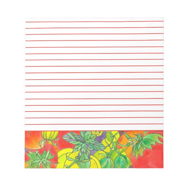 Red Tomatoes Basil Herbs Watercolor Red Lined Notepad (Front)