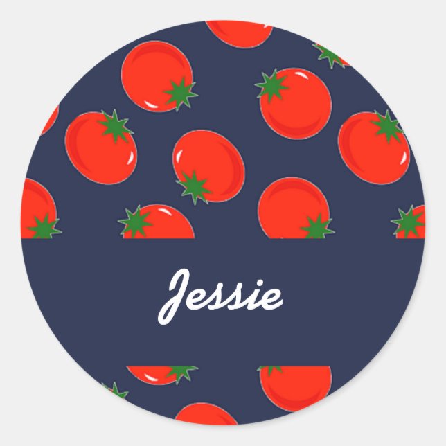 Red tomatoes on blue classic round sticker (Front)