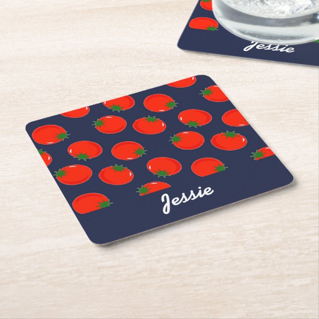 Red tomatoes on blue square paper coaster (Angled)
