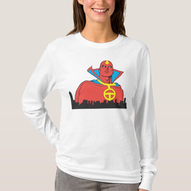 Red Tornado Behind Cityscape T-Shirt (Front)