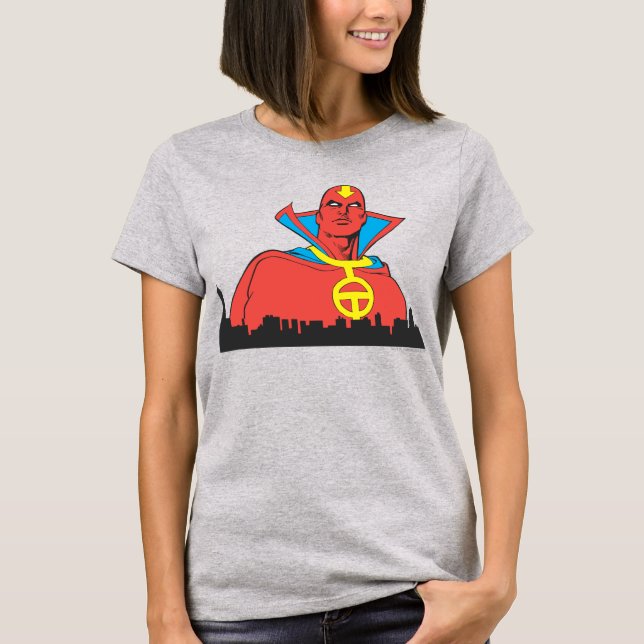 Red Tornado Behind Cityscape T-Shirt (Front)