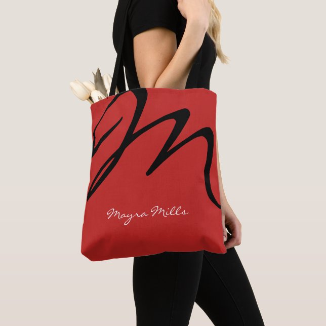 Red Tote Bag with Black Initial (Close Up)