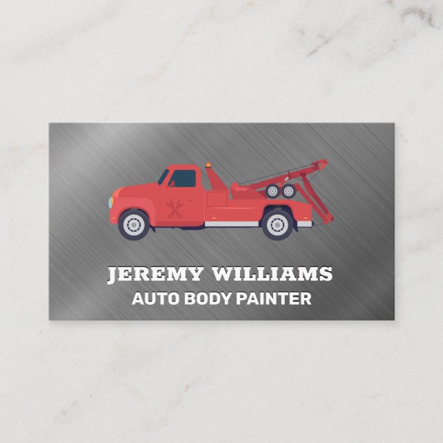 Red Tow Truck | Metallic Brushed Background Business Card (Front)