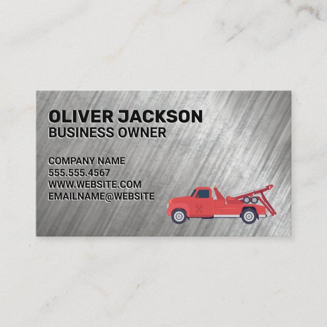 Red Tow Truck | Metallic Grunge Background Business Card (Front)