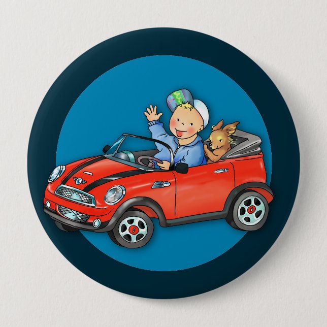 Red Toy Car Boy & Dog Round Button (Front)