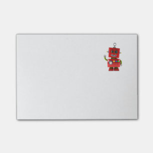 Red toy robot waving hello post-it notes