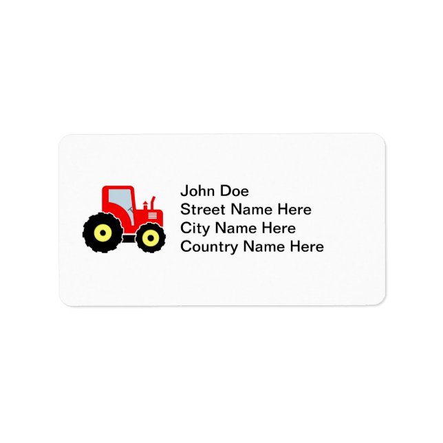 Red toy tractor label (Front)
