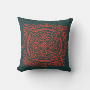 Red Tracery Ornament Dark Green Throw Pillow