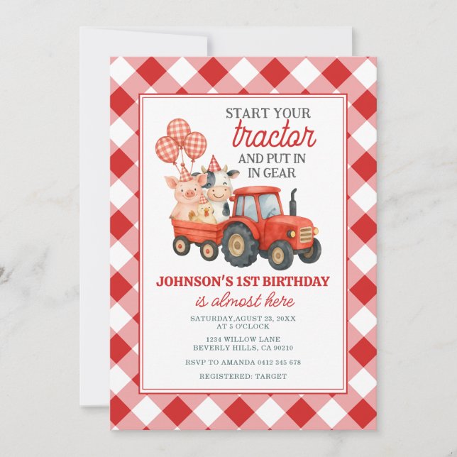 Red Tractor 1st Birthday Farm Invitation (Front)