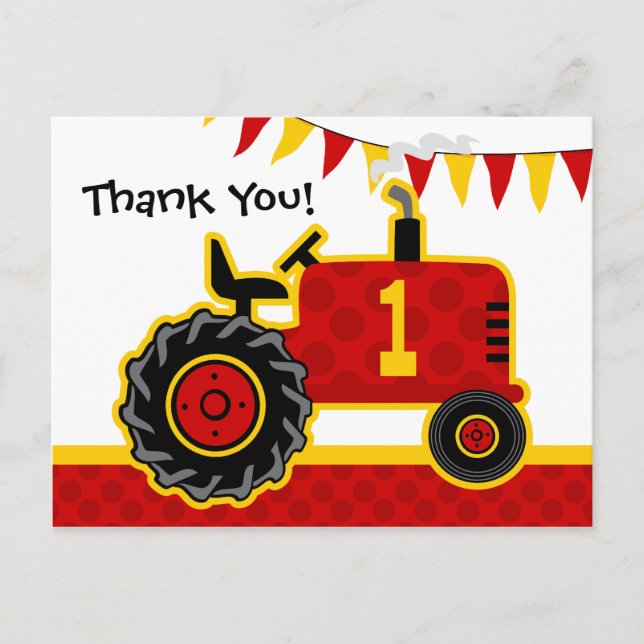 Red Tractor 1st Birthday Thank You Postcard (Front)
