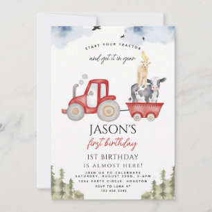 Red Tractor Barnyard 1st Birthday Boy Invitation