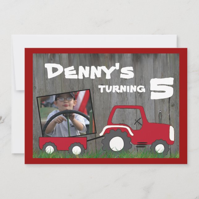 Red Tractor Birthday Invitation: Photo in Cart Invitation (Front)