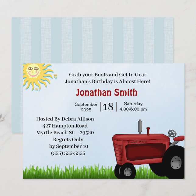 Red Tractor Birthday Party Invitation (Front/Back)