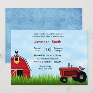 Red Tractor Birthday Party Invitation