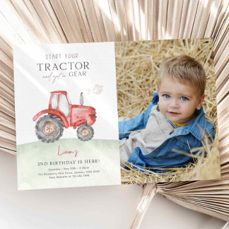 Red Tractor Birthday Photo Invitation