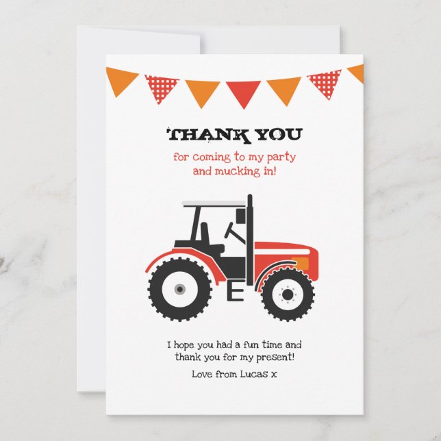 Red Tractor Birthday Thank You Note Card (Front)