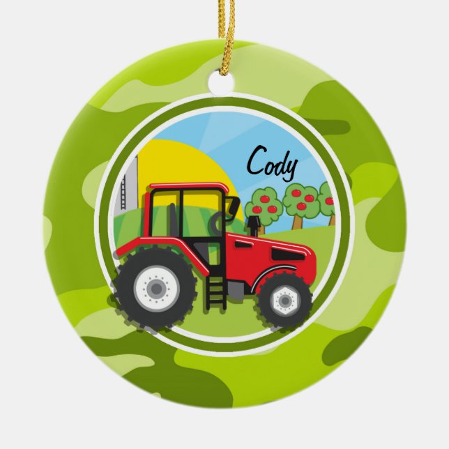 Red Tractor; bright green camo, camouflage Ceramic Tree Decoration (Front)