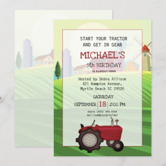 Red Tractor Farm 5th Birthday Party Invitation