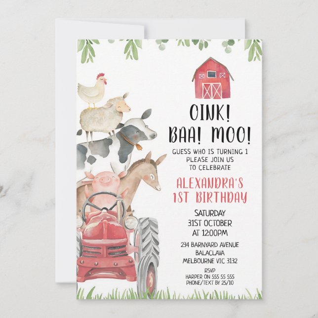 Red Tractor Farm Animals 1st Birthday Invitation (Front)