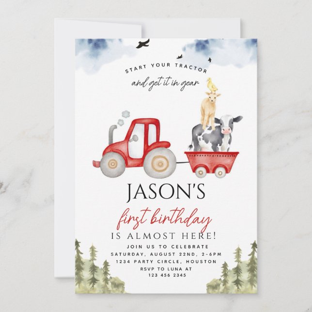 Red Tractor Farm Animals 1st Birthday Party boy  Invitation (Front)