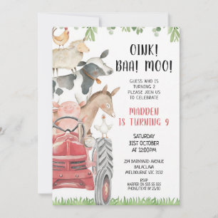 Red Tractor Farm Animals 2nd Birthday Invitation