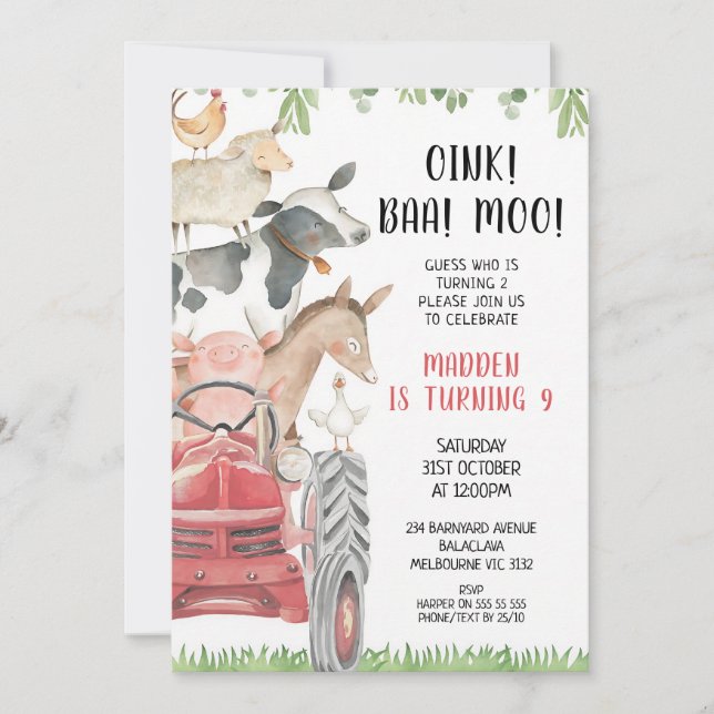 Red Tractor Farm Animals 2nd Birthday Invitation (Front)