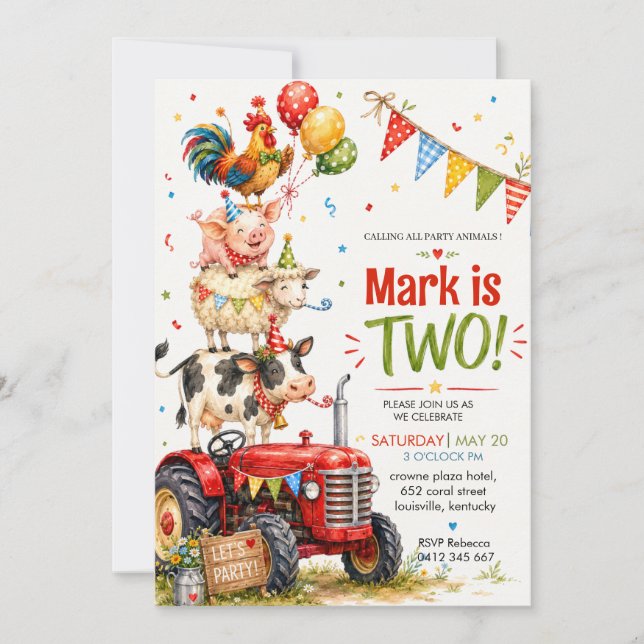 Red Tractor Farm Animals Birthday Invitation (Front)