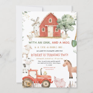 Red Tractor Farm Animals Oink Baa Moo Birthday  Invitation