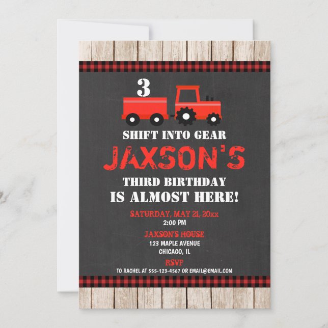 Red tractor farm birthday invitation boy (Front)