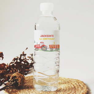 Red Tractor Farm Birthday Water Bottle Label