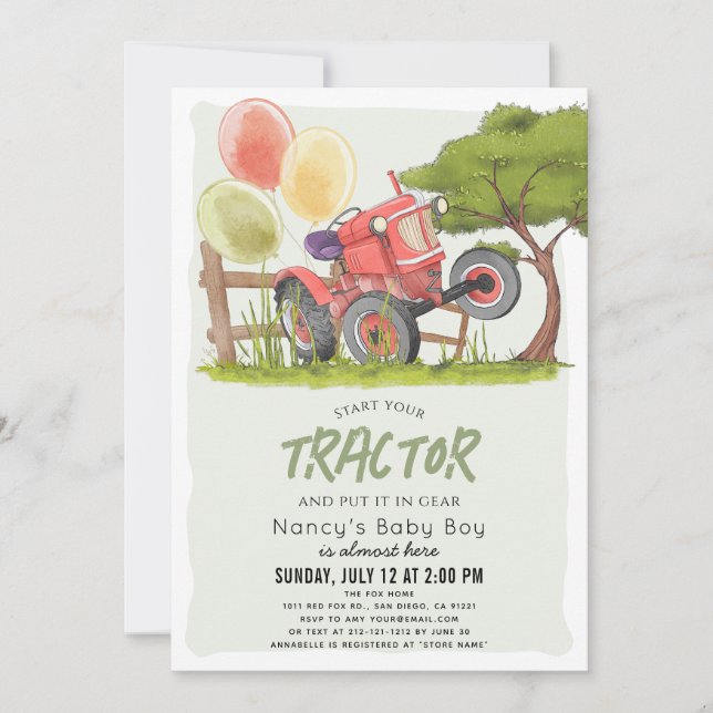 Red Tractor Farm Boy Baby Shower Invitation (Front)