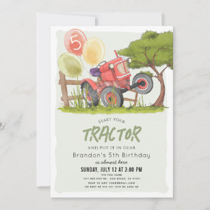 Red Tractor Farm Boy Kids Birthday Invitation