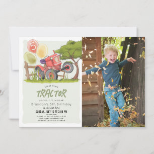 Red Tractor Farm Boy Photo Birthday Invitation