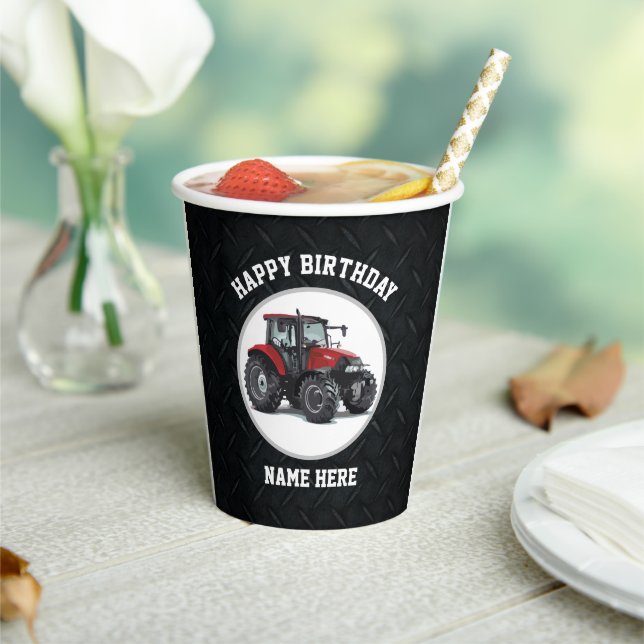 Red Tractor Farming Happy Birthday Name Equipment Paper Cups (Insitu)
