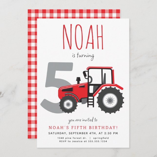 Red Tractor Fifth Birthday Invitation (Front/Back)