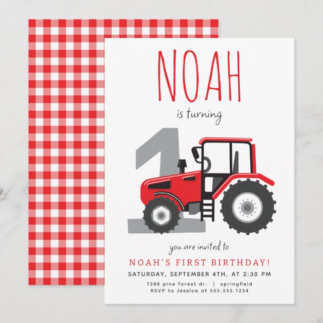 Red Tractor First Birthday Invitation (Front/Back)