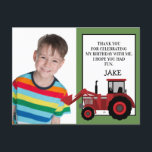 Red Tractor Green Birthday Photo Thank You Postcard<br><div class="desc">Cute little boy birthday party photo thank you card with a red tractor on a green background.  This card is completely customisable,  so add your photo and place your text in the spaces provided.  For more creative control,  use the "Customise It" button to change font,  font size or colour.</div>