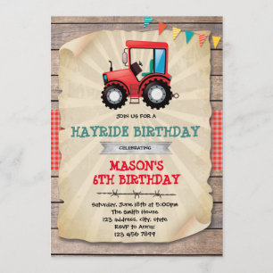 Red tractor party birthday invitation