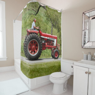 Red tractor shower curtain