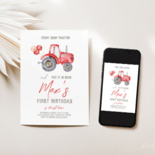 Red Tractor Theme Birthday Invitation