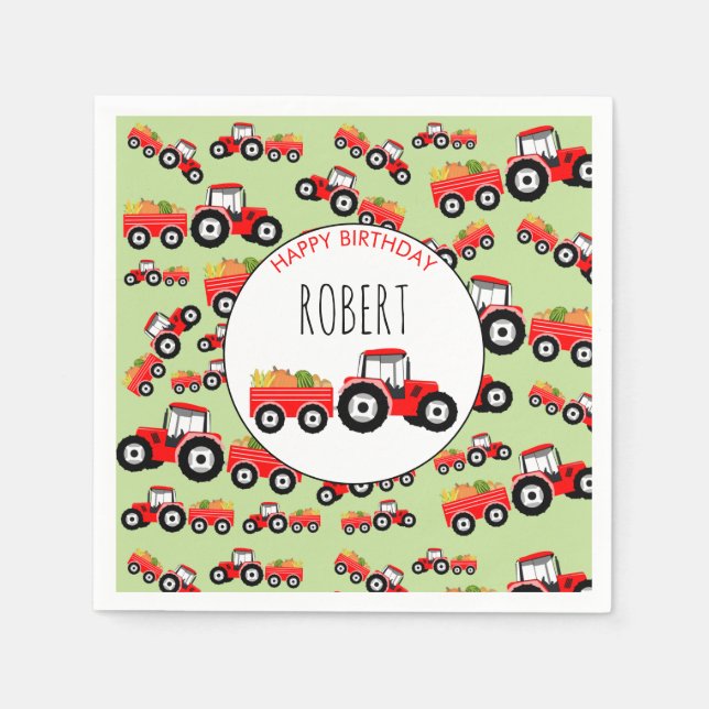 Red Tractor Truck Farm Produce Birthday Napkin (Front)